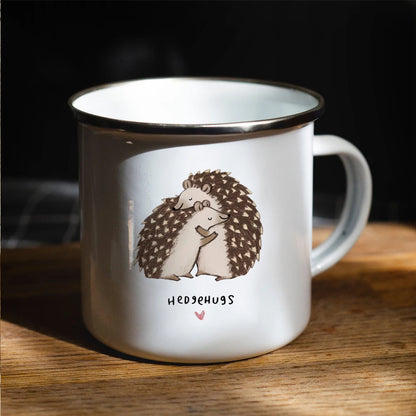 Hedgehog Hug Enamel Camping Mug - 11 oz (350 ml) Cute Coffee & Camping Cup Gift