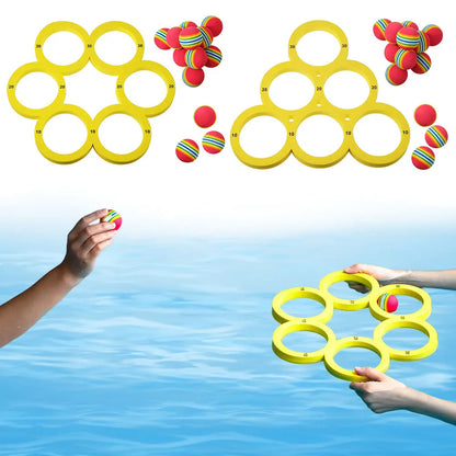 Pool Floating Toss Game with 10 Rainbow Balls – Floating Throwing Ring for Kids & Adults