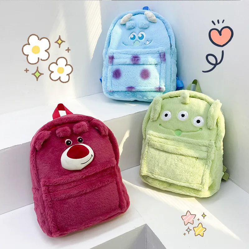 Disney Lotso and Alien Plush Backpack – Funny Cartoon Large Capacity Soft School Bag for Girls