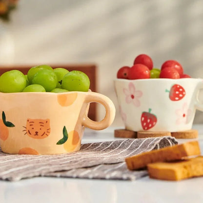 300ml (10 fl oz) Hand-Pinched Irregular Ceramic Mug – Cute Strawberry & Flower Coffee Cup, 10.3×6.2 cm (4.06×2.44 in) Gift for Kids & Girls