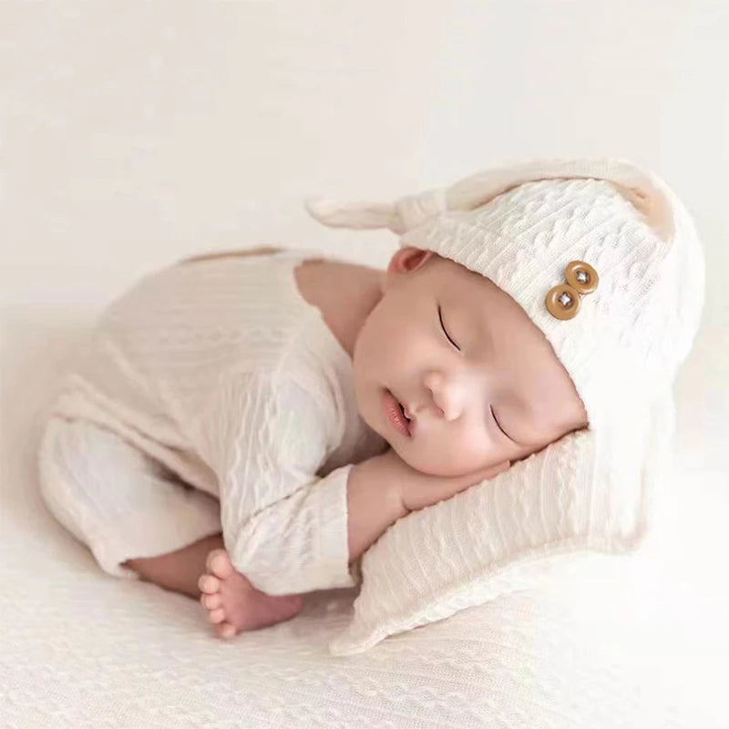 Newborn Boy Photo Props Knitted Jumpsuit and Knot Hat Set Baby Boy Photography Bodysuit with Beanie for Infants