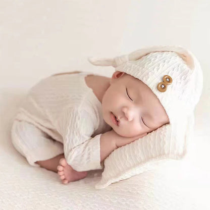 Newborn Boy Photo Props Knitted Jumpsuit and Knot Hat Set Baby Boy Photography Bodysuit with Beanie for Infants