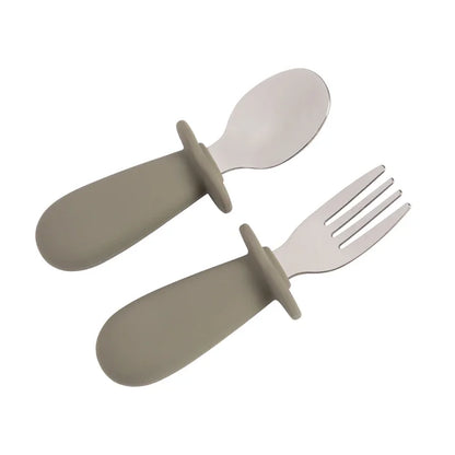 2PCS Baby Tableware Set – Stainless Steel Food Feeding Spoon & Fork, Silicone Handle Utensils for Infants & Toddlers, BPA-Free Cutlery Set