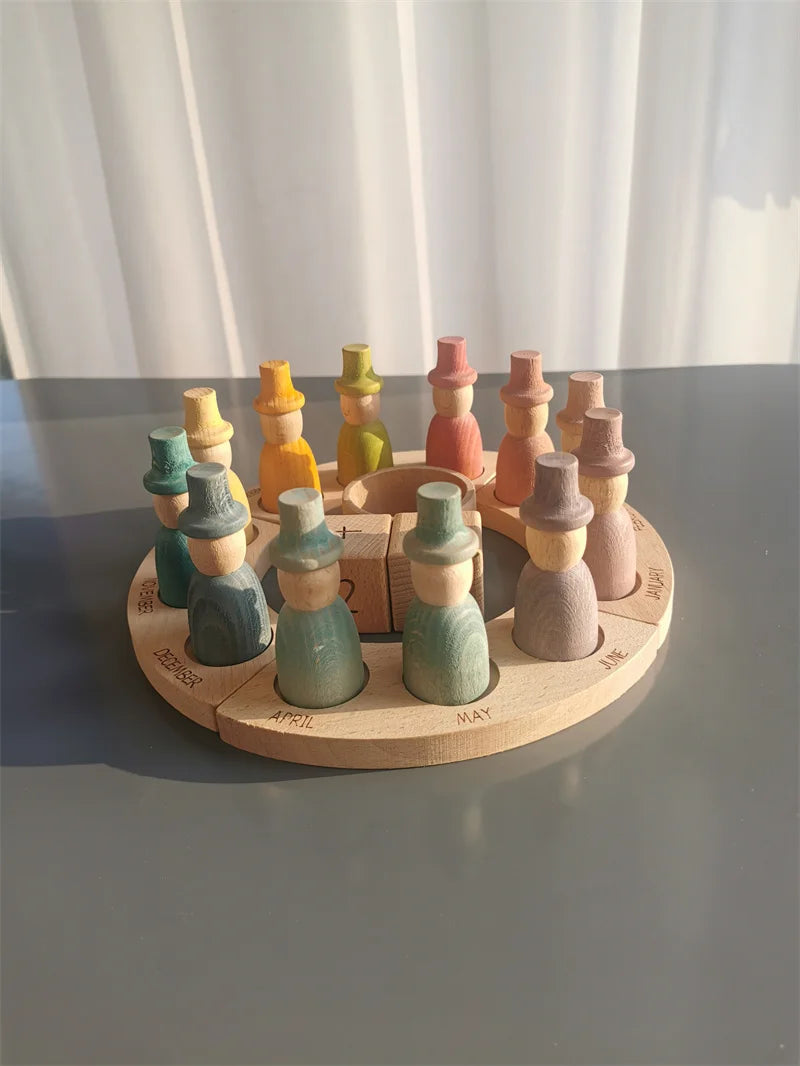 Wooden Beech Rainbow Calendar & Peg Dolls – Stacking Blocks and Wizard Figurines Toy for Kids