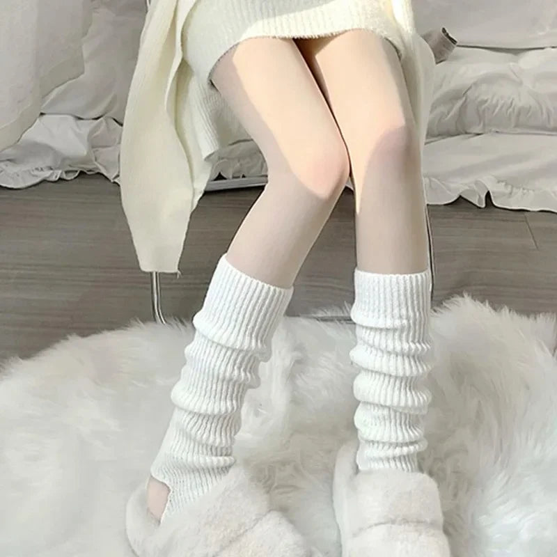 New Japanese Lolita Y2K Solid Color Leg Warmers for Women - Hollowed Out Foot Heel, Warm Knitted Knee-High Socks | Legging Gaiters Cover