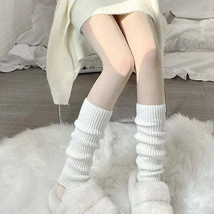 New Japanese Lolita Y2K Solid Color Leg Warmers for Women - Hollowed Out Foot Heel, Warm Knitted Knee-High Socks | Legging Gaiters Cover