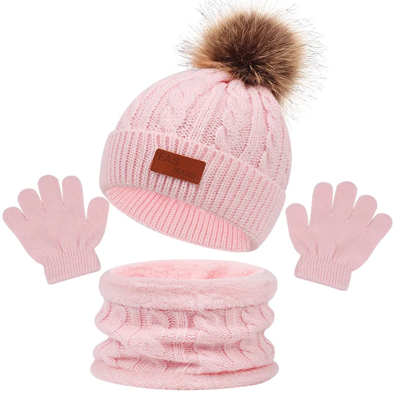 3-Piece Winter Baby Hat, Scarf & Gloves Set – Solid Color Knitted Toddler Bonnet with Cute Pompom, Warm Outdoor Accessories for 1-5 Years