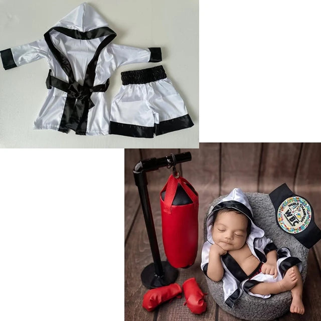 Baby Boxer Red Robe & Pants Set – Sanda Free Fight Boxing Glove Shorts for Newborn Photography Props & Infant Photo Accessories