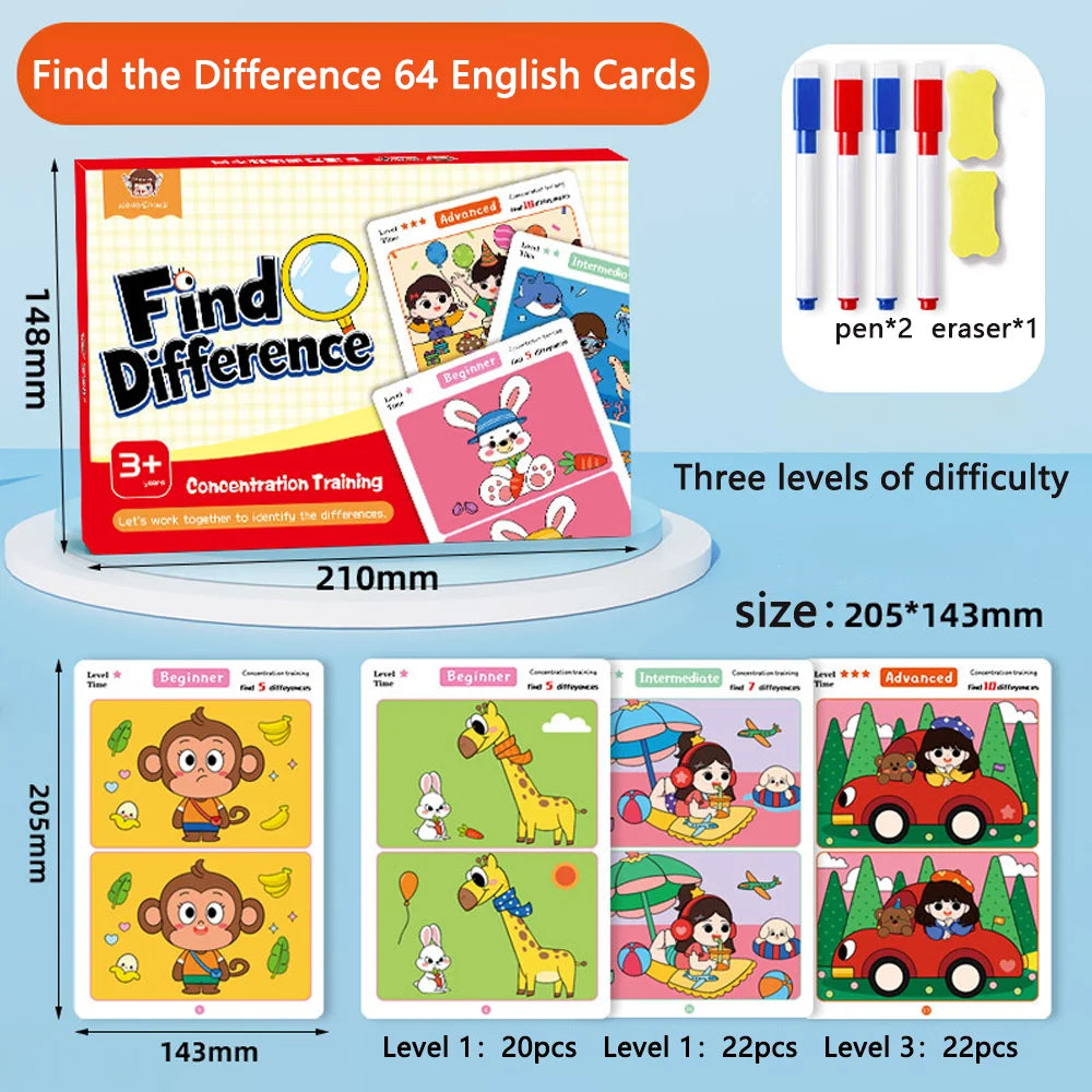 64Pcs Find the Differences Card Game – Reusable Wipeable Paper Puzzle with 3 Difficulty Levels, Educational Cartoon Game for Kids