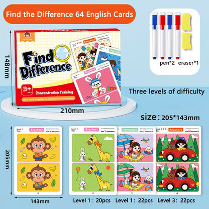 64Pcs Find the Differences Card Game – Reusable Wipeable Paper Puzzle with 3 Difficulty Levels, Educational Cartoon Game for Kids