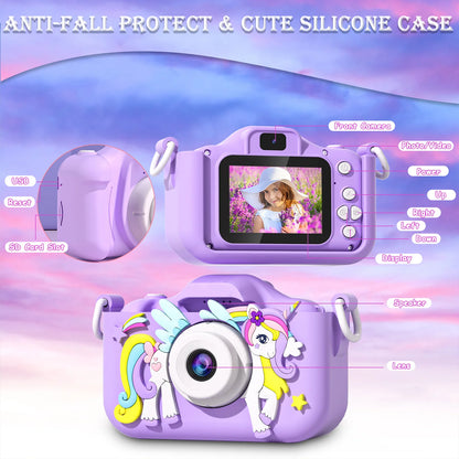 Kids Mini Cartoon Unicorn Camera Toy with 2-Inch Screen, 1080P HD Video, 32GB SD Card, Birthday Gift