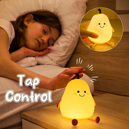 Cute Smile Pear Night Light Portable Touch Sensor USB Silicone Baby Sleep Dimmable Bedside Lamp