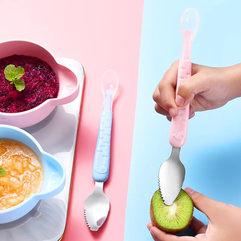 Baby Food Feeding Spoon Set – Stainless Steel Scraping & Soft Silicone Spoon for Infants and Toddlers – Includes Storage Box – BPA Free Baby Utensils for Puree, Soft Foods & Weaning