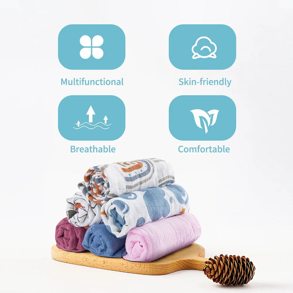 Elinfant 5-Piece Gift Set – Bamboo Cotton Muslin Bibs & Burp Cloths, 100% Cotton, 60x60cm, 2 Layers Baby Scarf & Handkerchief - Kidzy Market