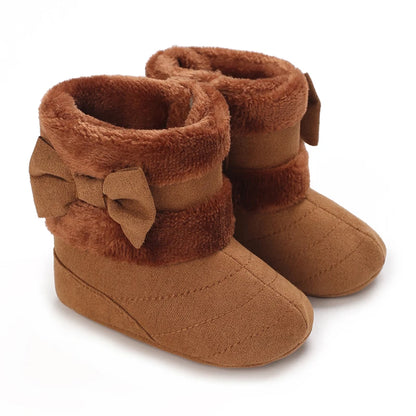 Cute Bowknot Comfortable Boots for Baby Girls, Soft Warm Plus Fleece Boots for Indoor Walking, Autumn and Winter