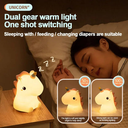 Unicorn Silicone LED Night Light - USB Rechargeable Touch Lamp for Kids, Cute Cartoon Bedroom Decor & Gift