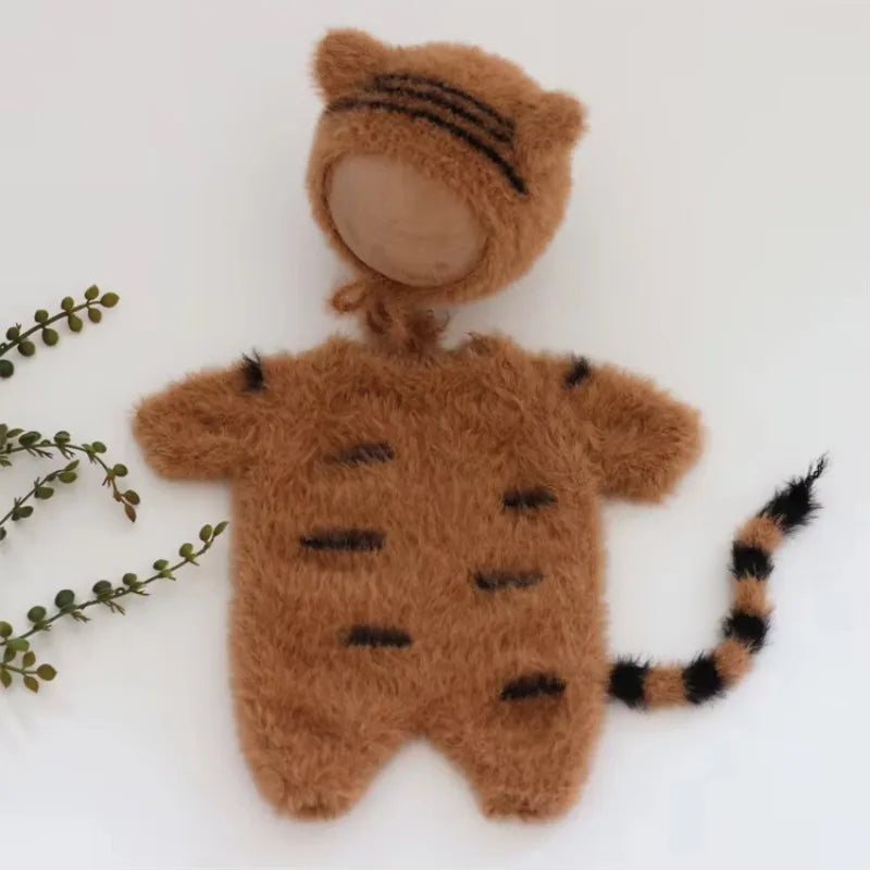 3pcs Baby Furry Tiger Costume Newborn Photography Set, Cute Animal Footed Jumpsuit, Hat & Tail, Infant Boy Girl Photo Prop Outfit