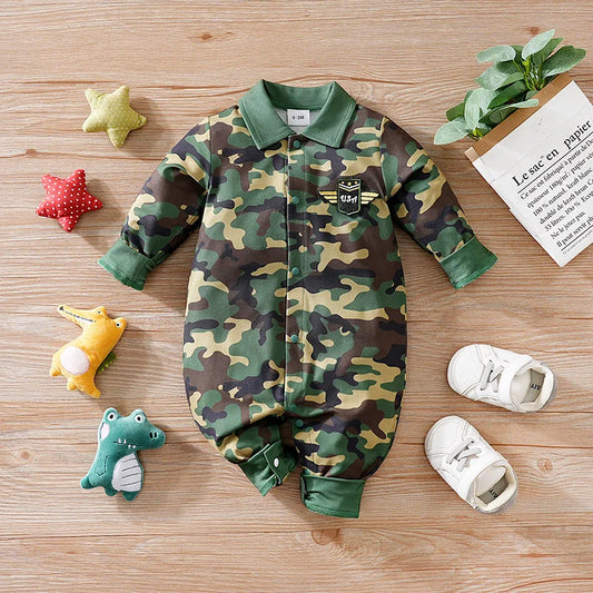 Newborn Baby Boy Jumpsuit – Long Sleeve Camouflage Footed Romper (0-12 Months, Boston Design)