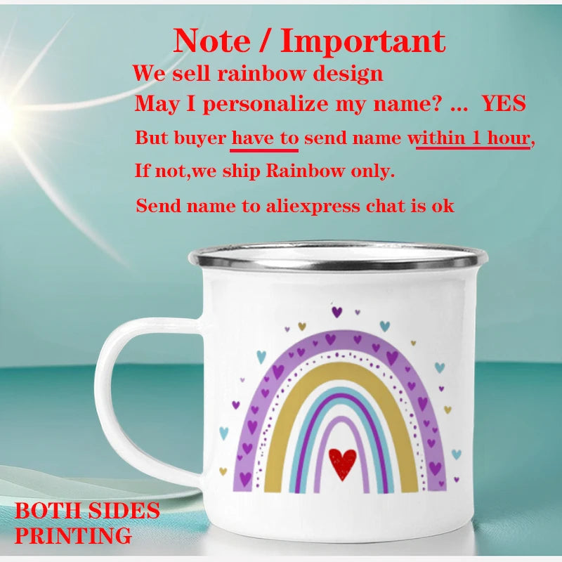 Personalized Rainbow Enamel Mug – Custom Name Coffee, Tea & Milk Cup, 3.14 in x 3.35 in (8 x 8.5 cm) – Kids Gift