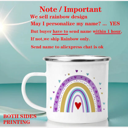 Personalized Rainbow Enamel Mug – Custom Name Coffee, Tea & Milk Cup, 3.14 in x 3.35 in (8 x 8.5 cm) – Kids Gift