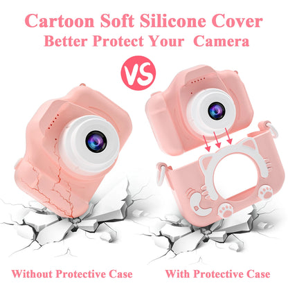 Cute Cat Kids Camera with Dual Lenses, 32GB Card, Silicone Case, HD Video Toy Gift