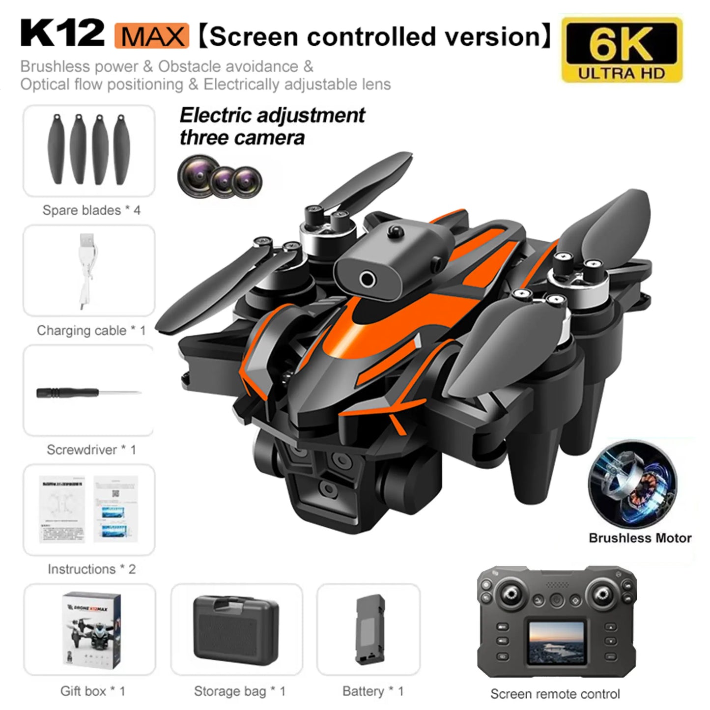 K12 Max RC Drone – 8K HD Camera Foldable Quadcopter with Brushless Motor and Obstacle Avoidance