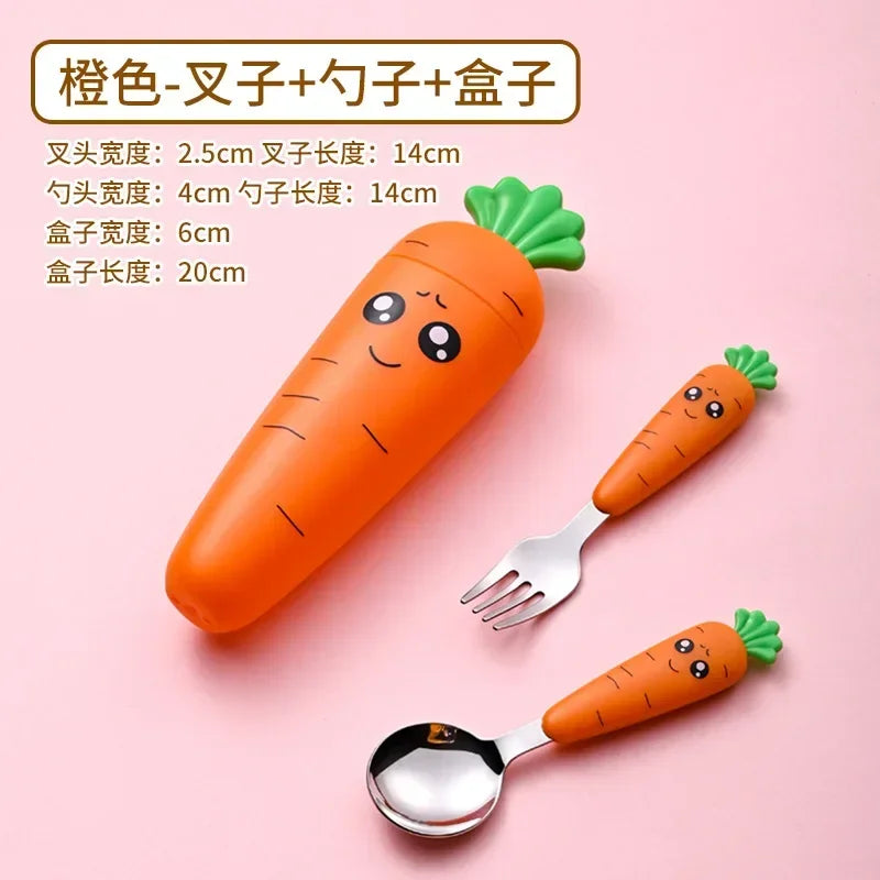Carrot Shape Kids Fork and Spoon Set - Stainless Steel Baby Feeding Utensils, Cartoon Cutlery for Toddlers & Children