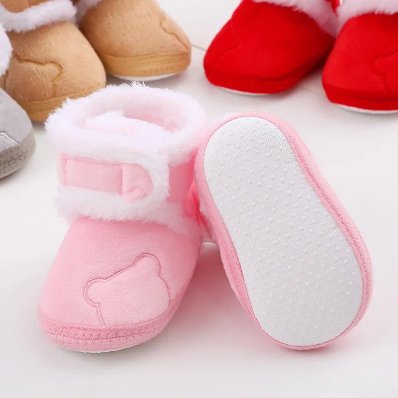 Baby Winter Snow Boots with Cute Bear and Fluff Balls Soft Sole Infant Toddler Shoes