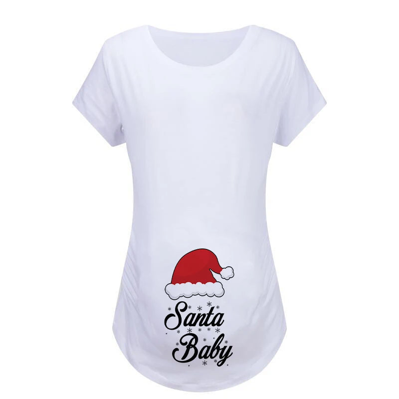 Christmas Women's Maternity T-shirt Santa Baby Printed Pregnant Women T-shirt Pregnancy Casual Short Sleeve White Clothes