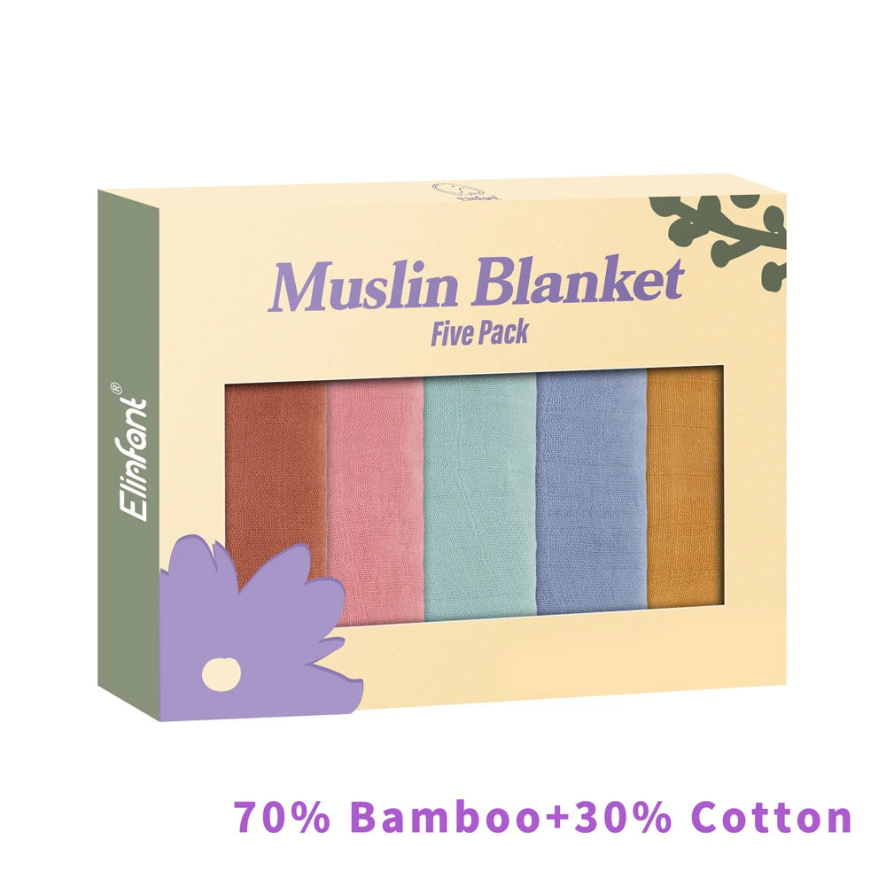 Elinfant 5-Piece Gift Set – Bamboo Cotton Muslin Bibs & Burp Cloths, 100% Cotton, 60x60cm, 2 Layers Baby Scarf & Handkerchief - Kidzy Market