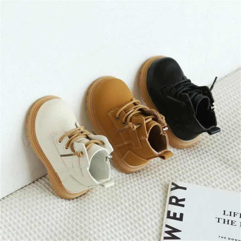 2024 New Spring/Autumn Baby Boots, Leather British Style Boys Fashion Boots, Rubber Sole Zip Side Toddler Girls Ankle Boots (Size 15-25)