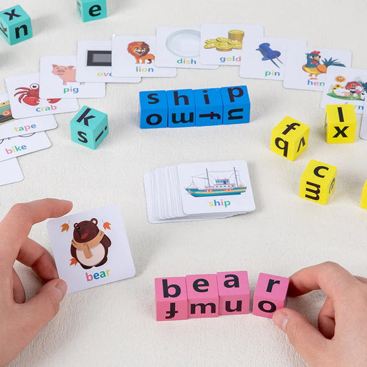 Wooden Word Spelling Game – Alphabet Learning Toy for Preschool Kids with 40 Cards and Letter Blocks