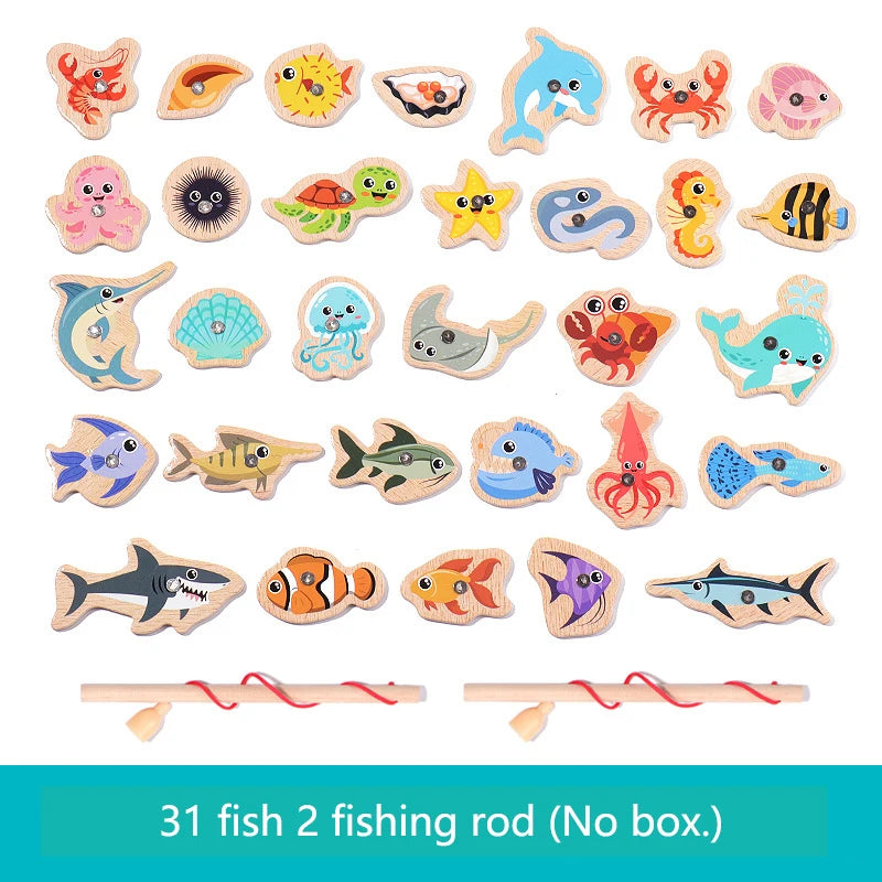 Montessori Wooden Magnetic Fishing Toys – Marine Life Cognition, Early Educational Parent-Child Interactive Game