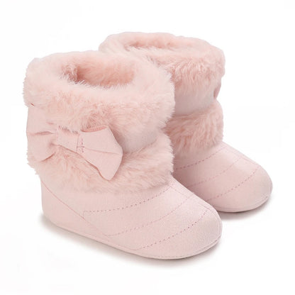 Cute Bowknot Comfortable Boots for Baby Girls, Soft Warm Plus Fleece Boots for Indoor Walking, Autumn and Winter