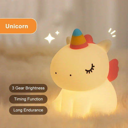 Unicorn Silicone LED Night Light - USB Rechargeable Touch Lamp for Kids, Cute Cartoon Bedroom Decor & Gift