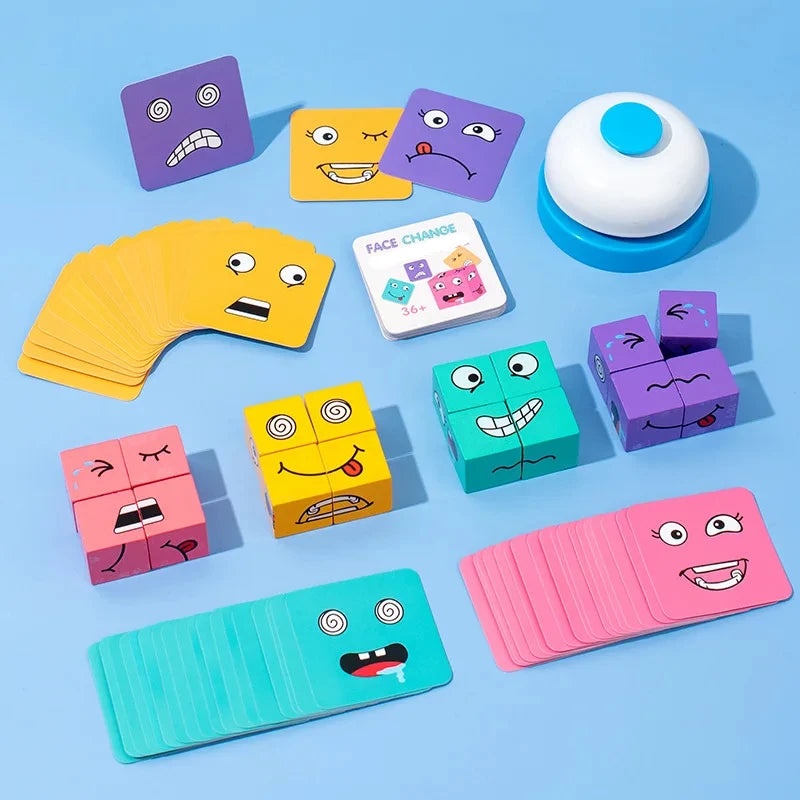 Cube Face Changing Building Blocks – Wooden Expression Puzzle, Montessori Board Game for Children, Battle Table Toy