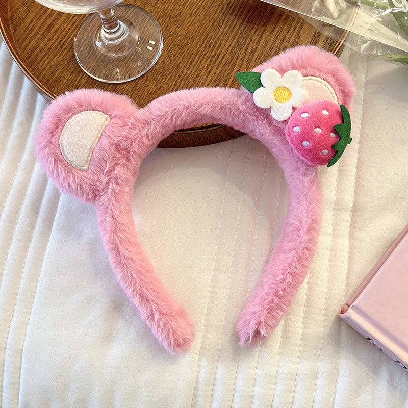 Strawberry Bear Plush Ear Face Wash Headband - Cute Cartoon Non-Slip Hairband for Women, Soft Cashmere