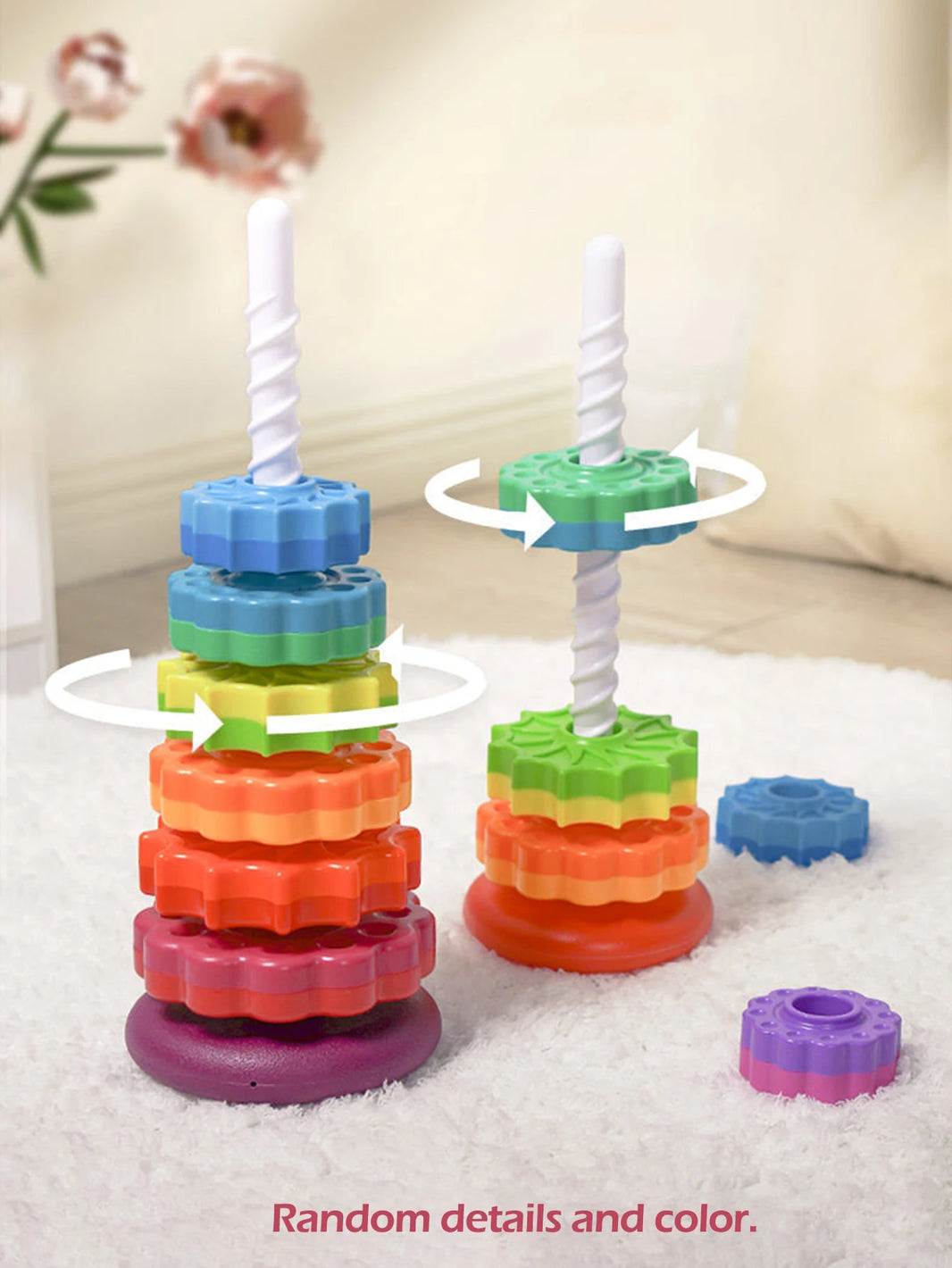 Montessori Rotating Rainbow Tower – Baby Stacking Puzzle Toy, Colored, Safe and Eco-Friendly