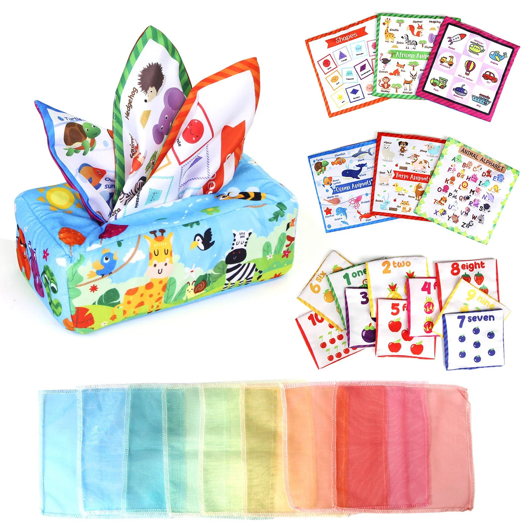 Baby Tissue Box Sensory Toy – Colorful Soft Montessori Educational Toy for Toddlers 0-18M, Finger Exercise and Pumping Silk Scarf Gift