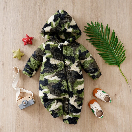 Winter Baby Boy Hoodie Jumpsuit – Plush Camouflage Romper (Fashionable & Warm, 0-1 Year)