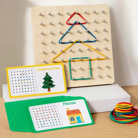 Montessori Baby Creative Toy – Graphic Rubber Tie Nail Boards with Cards for Early Childhood Education and Preschool Learning