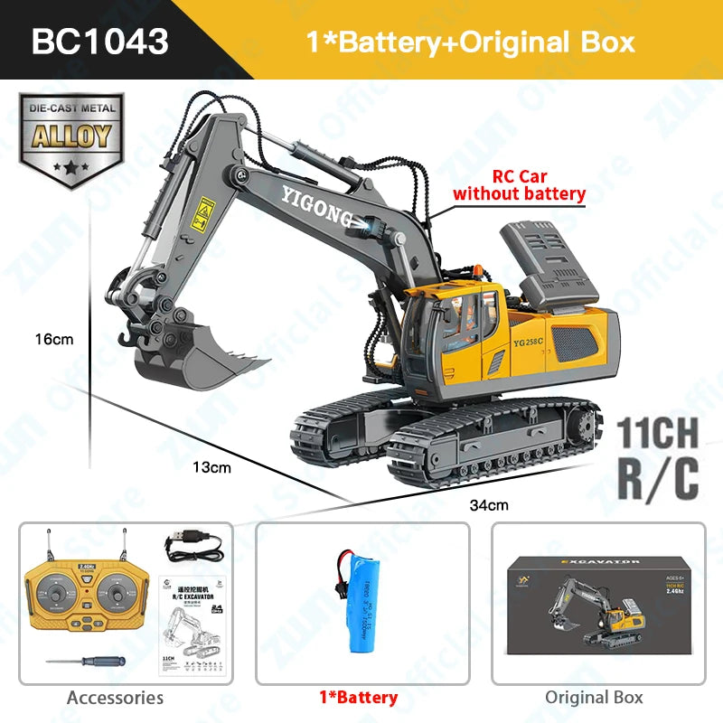 ZWN 2.4G Remote Control Excavator Dump Truck Alloy Construction Vehicle Toy