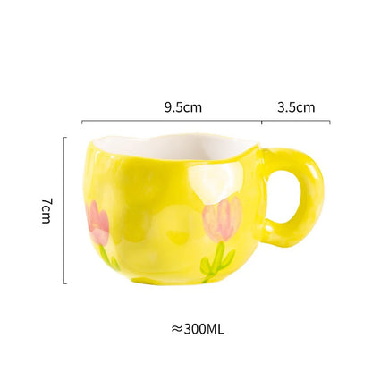 Hand-Pinched Irregular Porcelain Mug 300 ml (10 fl oz) – Flower & Heart Pattern Coffee & Tea Cup, Cute Gift for Kids & Girls