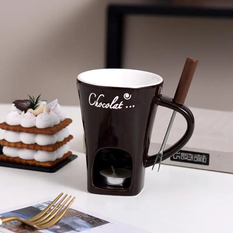 130ml (4.4 fl oz) Ceramic Chocolate Fondue Mug with Fork - 4.33in Mini Fondue Pot Candle Warmer for Melting Chocolate, Cheese & Butter