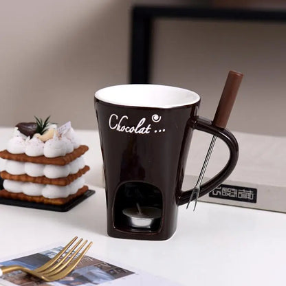 130ml (4.4 fl oz) Ceramic Chocolate Fondue Mug with Fork - 4.33in Mini Fondue Pot Candle Warmer for Melting Chocolate, Cheese & Butter