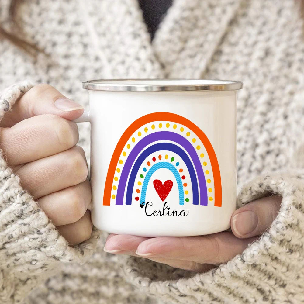 Personalized Rainbow Enamel Mug – Custom Name Coffee, Tea & Milk Cup, 3.14 in x 3.35 in (8 x 8.5 cm) – Kids Gift