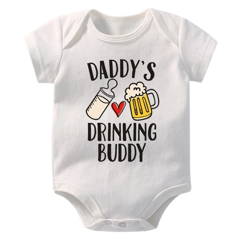 Funny "Daddy's Drinking Buddy" Newborn Baby Romper – Short Sleeve Cotton Bodysuit, Casual Summer Outfit, Perfect for Father's Day Gifts
