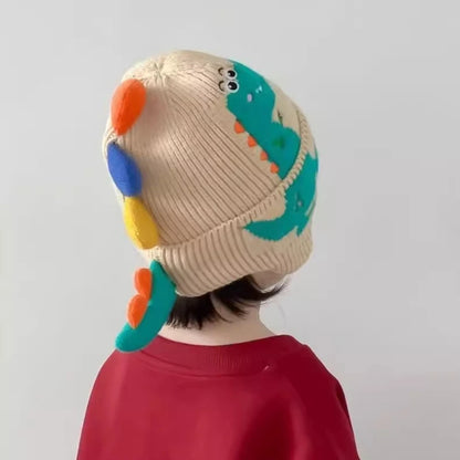 Dinosaur Cartoon Kids Earmuffs Beanie — Warm Knit Cotton Winter Hat with 3D Ears for Toddlers & Children (Unisex)