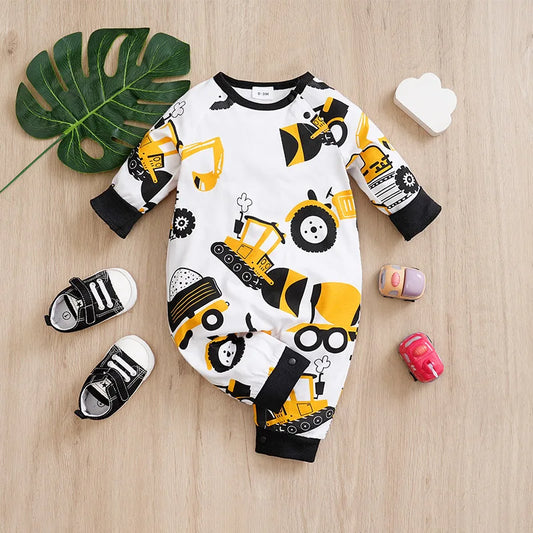 Baby Boy Cartoon Car Print Jumpsuit – Long Sleeve Round Collar Romper (Spring & Autumn, 0-24 Months)