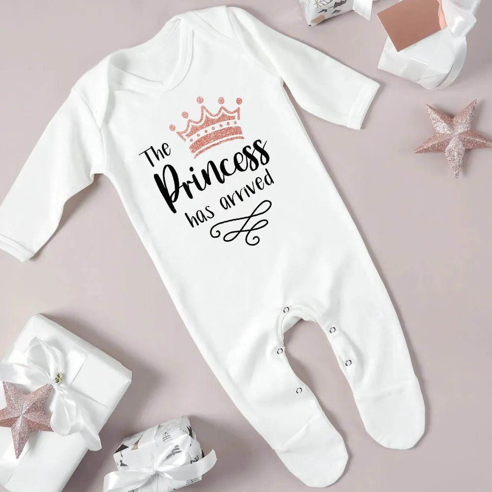 The Princess Has Arrived Print Baby Babygrow Sleepsuit – Newborn Coming Home Vest Bodysuit, Hospital Clothes, Infant Shower Gift